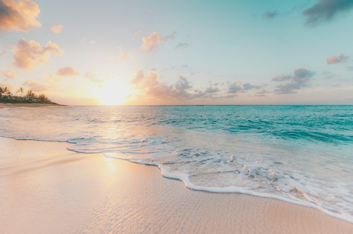 A quiet white-sand beach beside turquoise water
